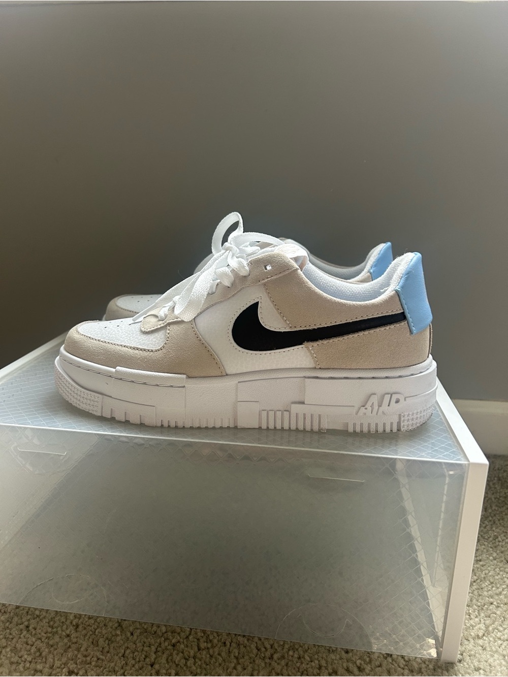 Nike Pixel Air Force 1s Beige, White & Black Sneakers with Light Blue Heel